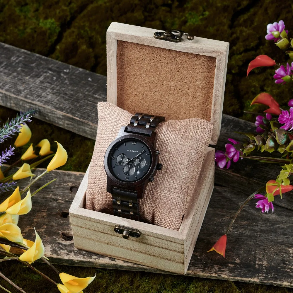Bobo bird relógio de luxo masculino metal cronógrafo de madeira relógio de pulso de quartzo masculino data automática armbanduhr logotipo personalizado dropship