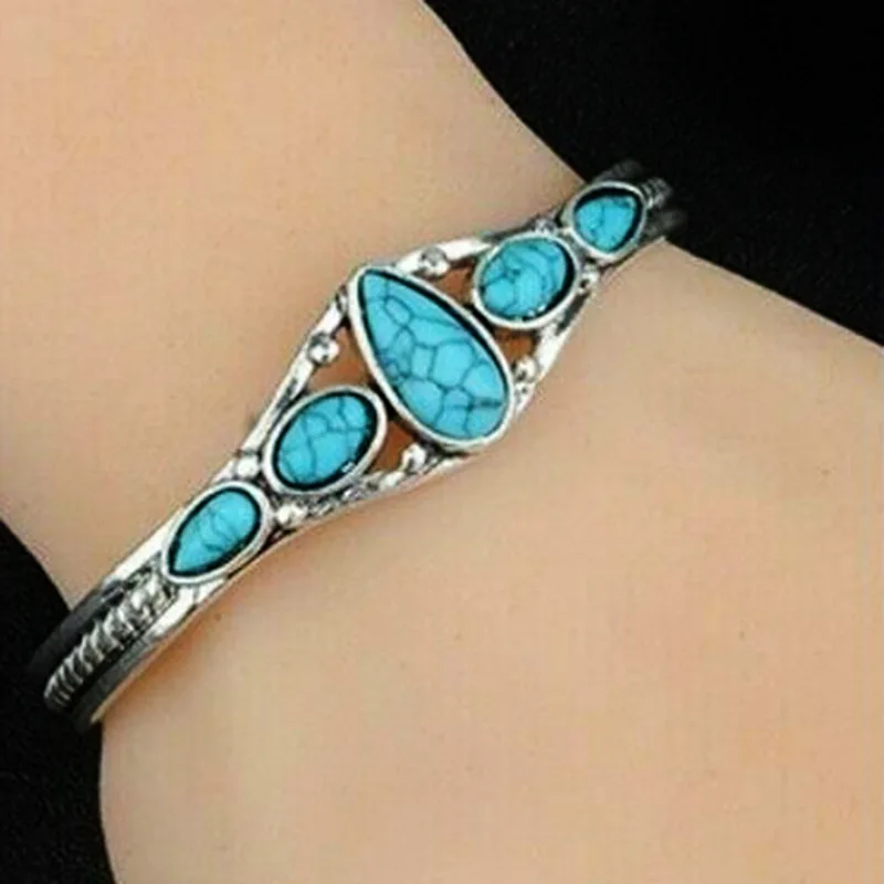 Wu\'s 2022 New European and American Bohemian Style Retro Turquoise Carved Hollow Geometric Bracelet Opening Adjustable Bracelet