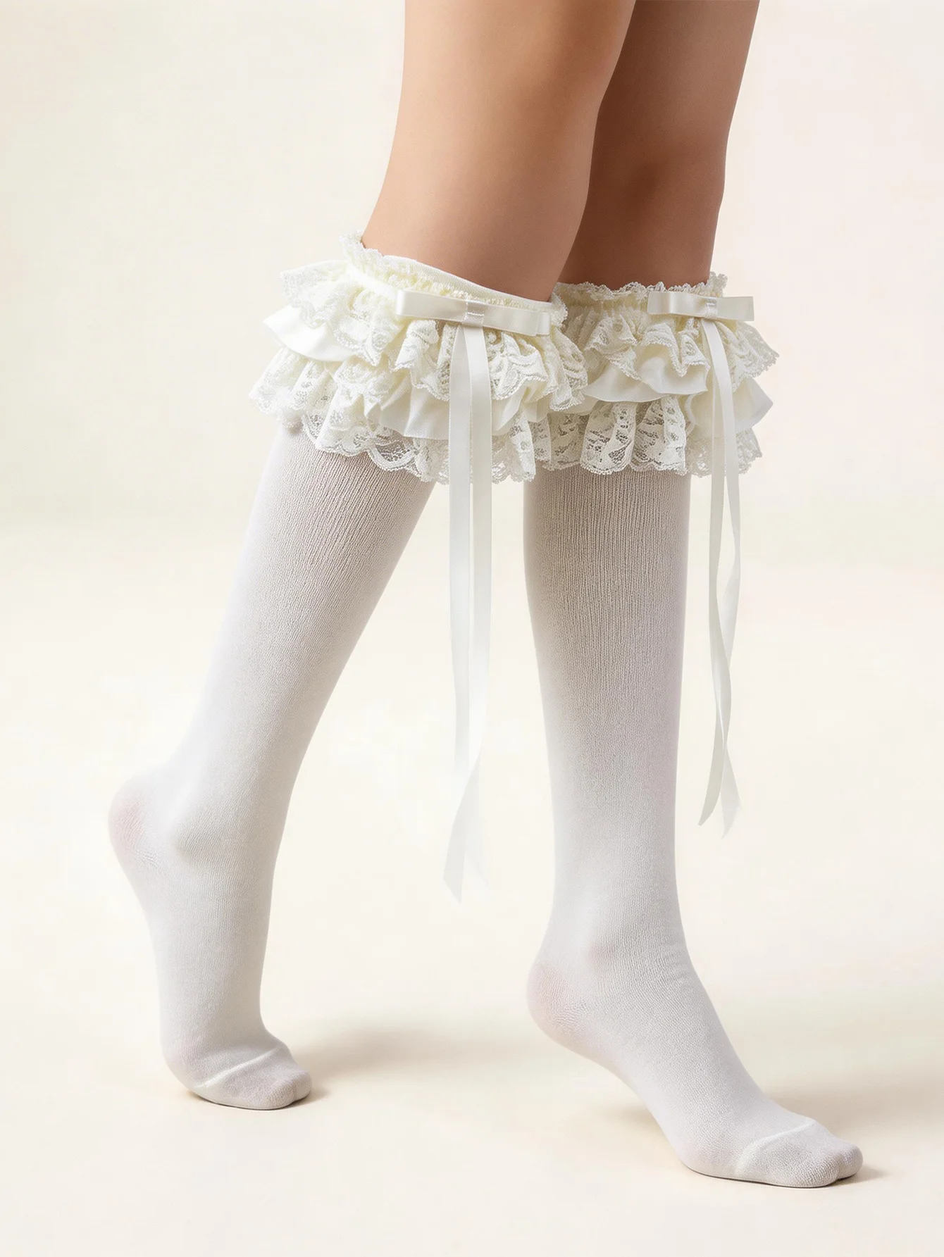 Damen-Socken in Elfenbein mit Spitzenrüschen und Satinschleife, süße Lolita-Strümpfe für Cosplay und Alltag. – Detail 2
