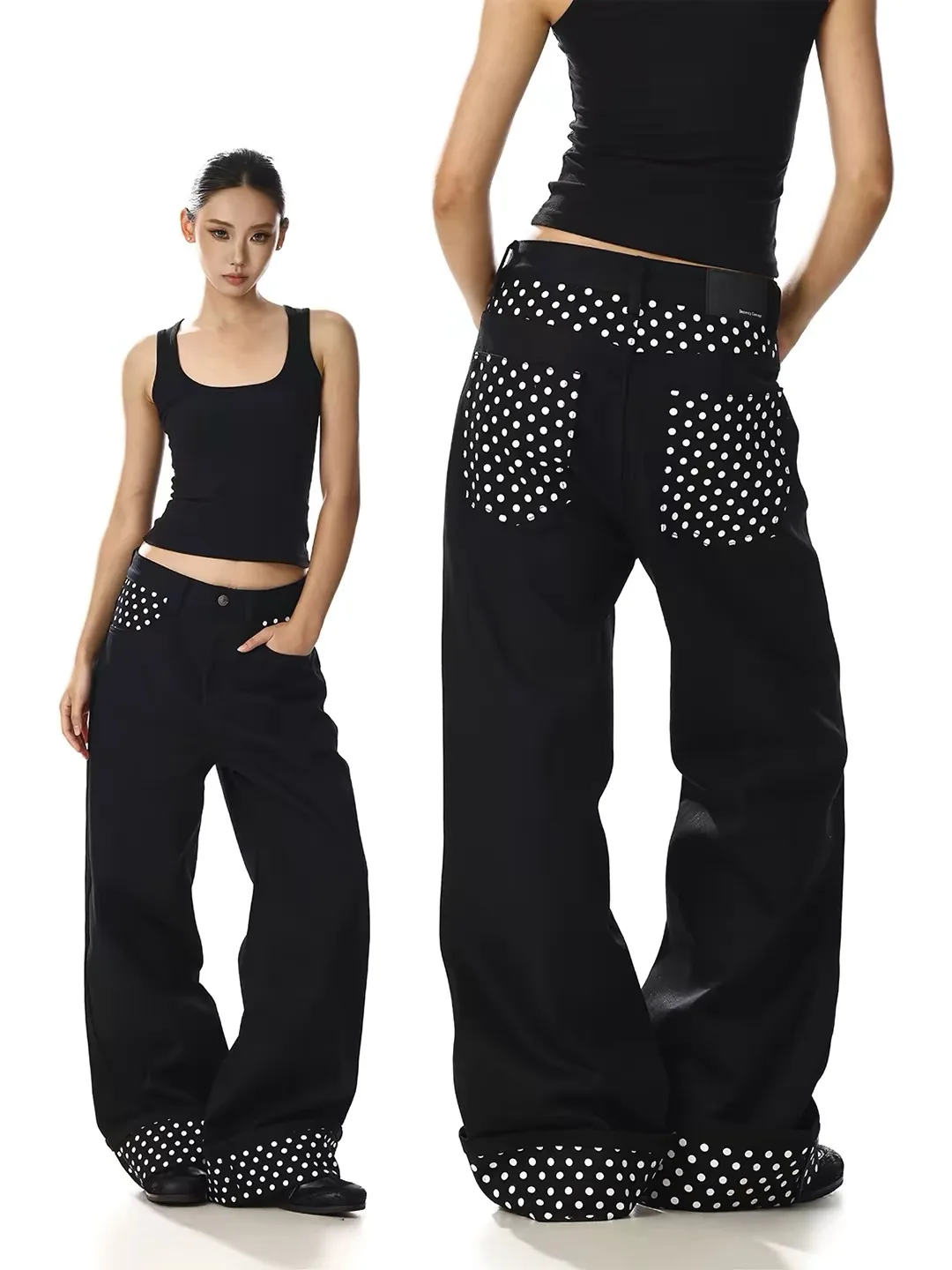 American Style Polka Dot Black Wide Leg Casual Pants Women's Autumn 2026 New Hip Hop Cuffed Patchwork Knife  Floor Length...