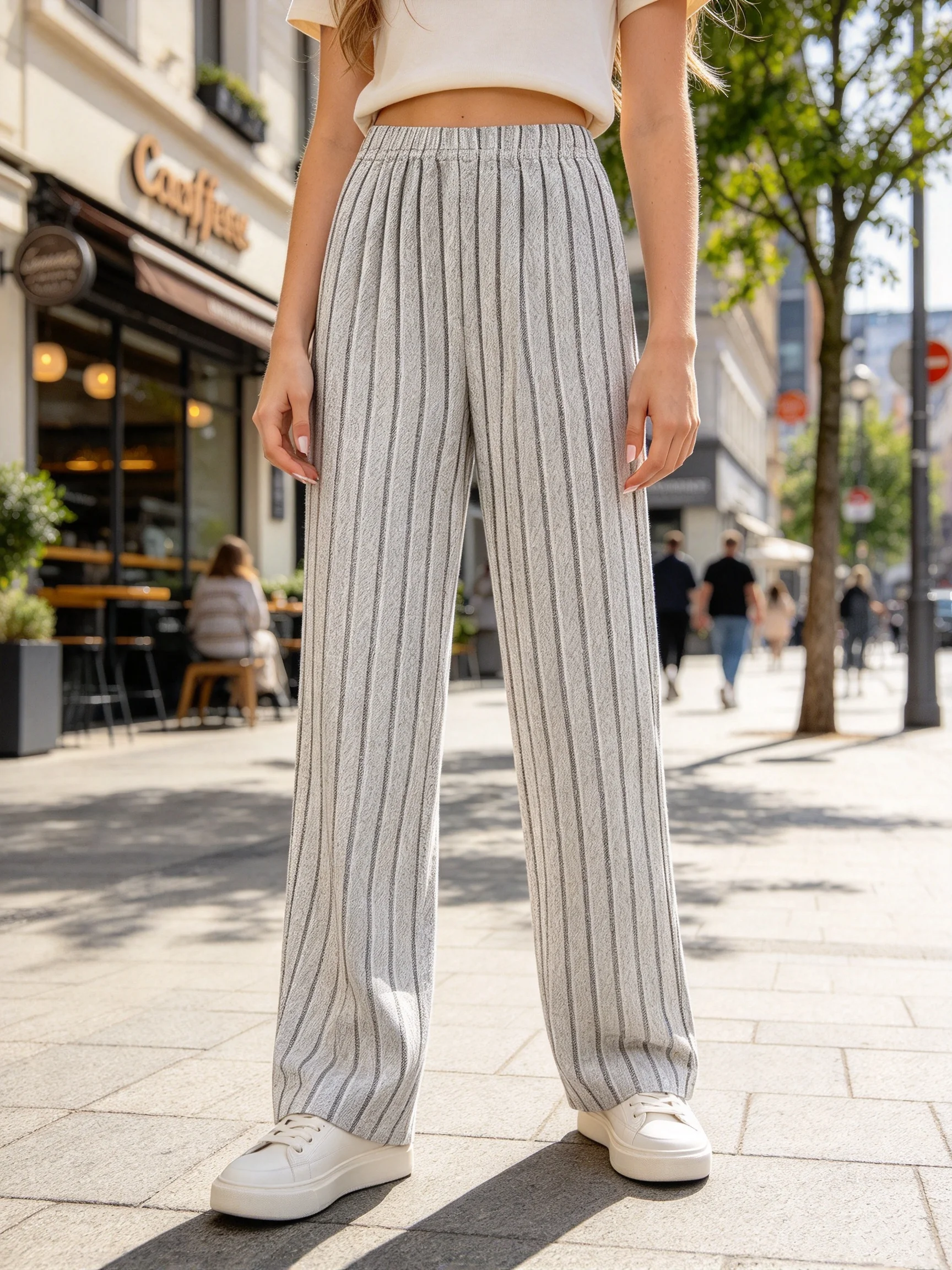 Girls' Striped Casual Pants With Elastic Waistband And Straight Leg Suitable For Daily Shopping And Dressing