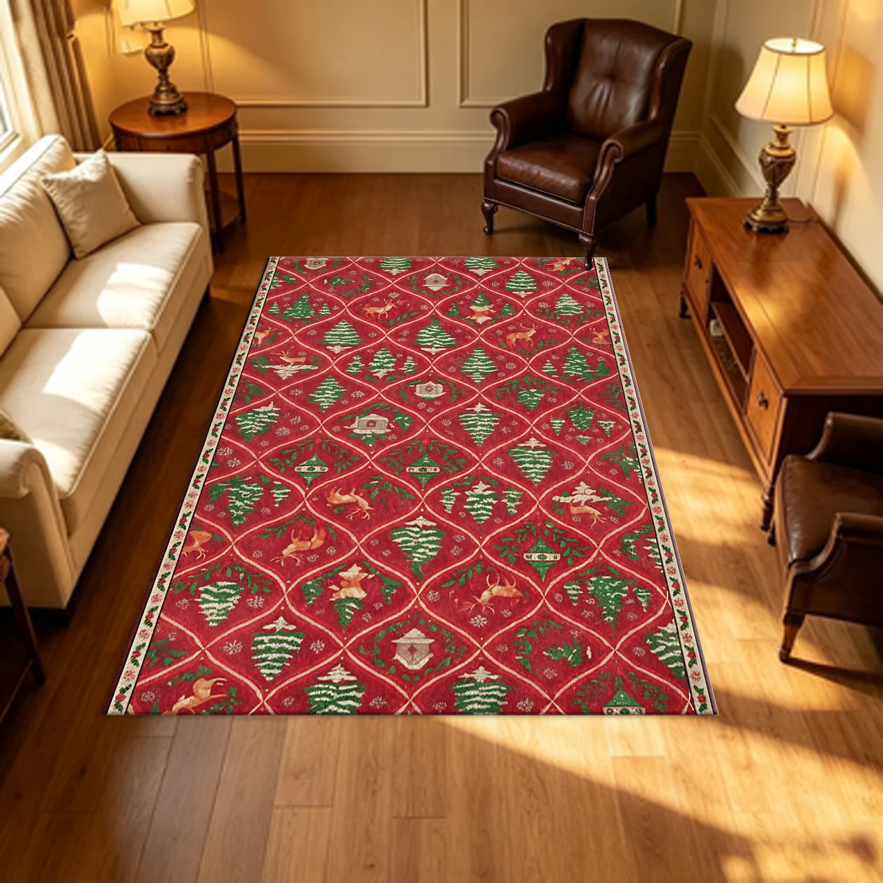 Red Christmas Tree Reindeer Rug