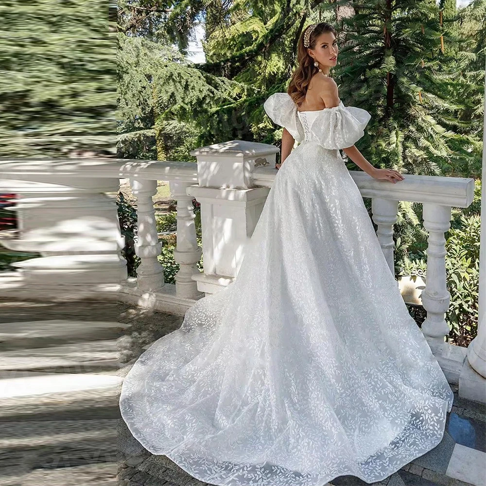 Fascinating A Line Women's Lace Sweetheart Wedding Dresses Vestido De Novia Short Sleeve Bride Gowns Customized Robe De Mariée