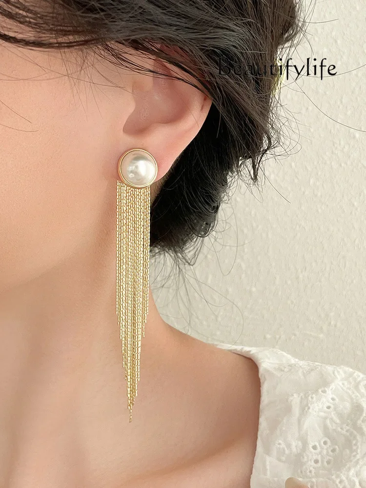 Pearl new earrings women's high-end long fringed earrings