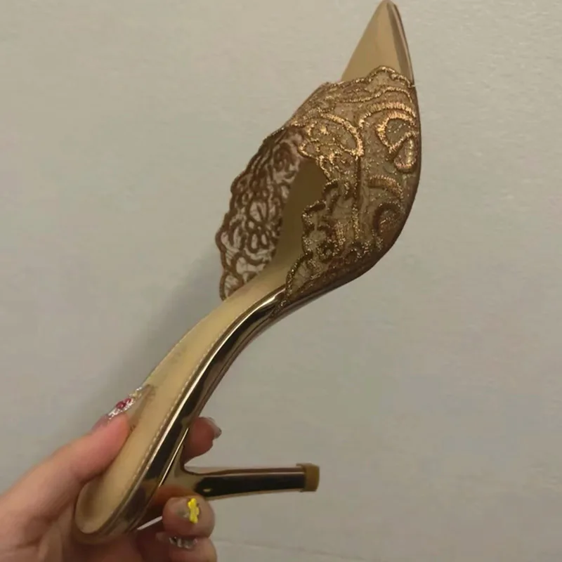 New Champagne Embroidered Pointed Toe Sandals Women Stiletto High Heels Women Sandals Dress Shoes Women Sandalias Female