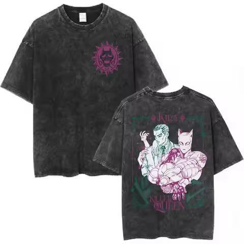 Anime JoJo Bizarre Adventure Washed T-shirt Kira Yoshikage Killer Queen Manga T-shirts Men Women Clothing Cotton Casual T Shirt