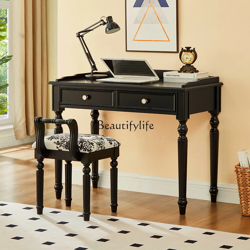 

French Retro Black Desk Vintage Style Solid Wood Home Study European Small Apartment