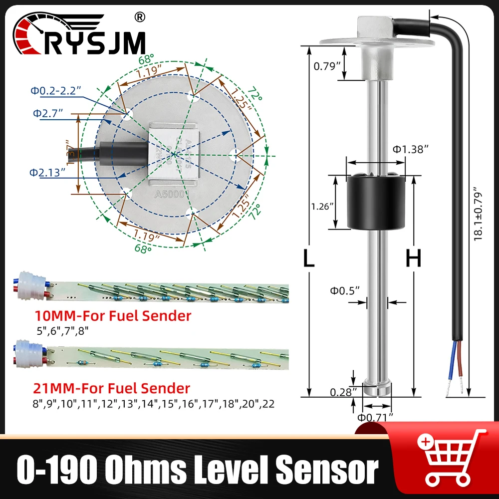 

RYSJM 0-190 ohms Level Sensor Water Level Oil Level Fuel Level Sensor Stainless Steel Sensor For Car Boat Tank Fuel Indicato A5