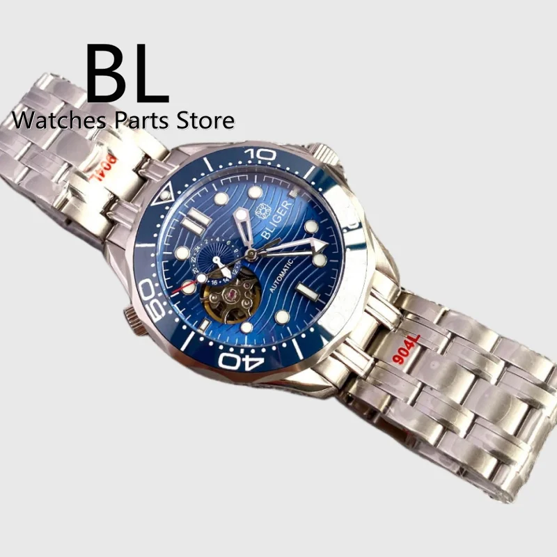 Imagem -04 - Bliger-relógio Automático de Luxo Masculino Vidro Safira Mostrador Azul Ponteiros Índice Luminoso Moldura Cerâmica Bracelete de Aço Prateado Nh39 41 mm