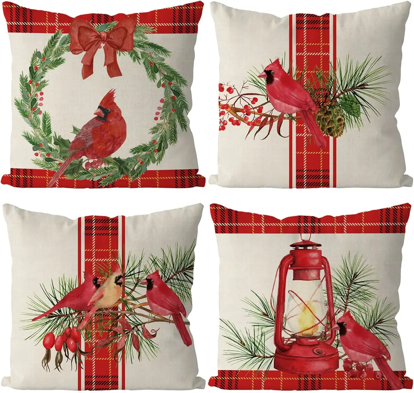 Christmas Cushion Covers 18x18 Inch Set of 4 Christmas Cardinal Red Buffalo Check Pillowcase Party Decorations Winter Home Decor
