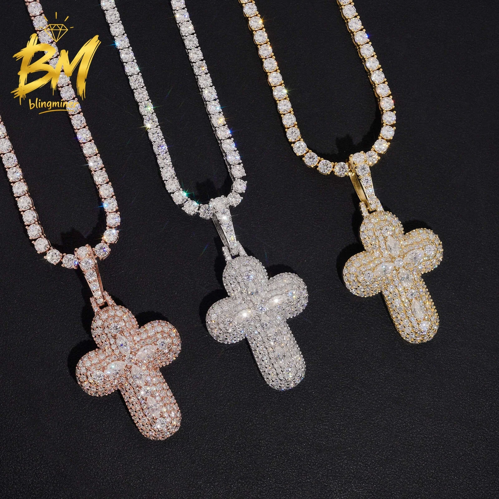 Blingminer Vintage Cross VVS Moissanite Pendant For Men Women S925 Silver Pendants Jewelry Pass Diamonds Tester GRA Free Shippin