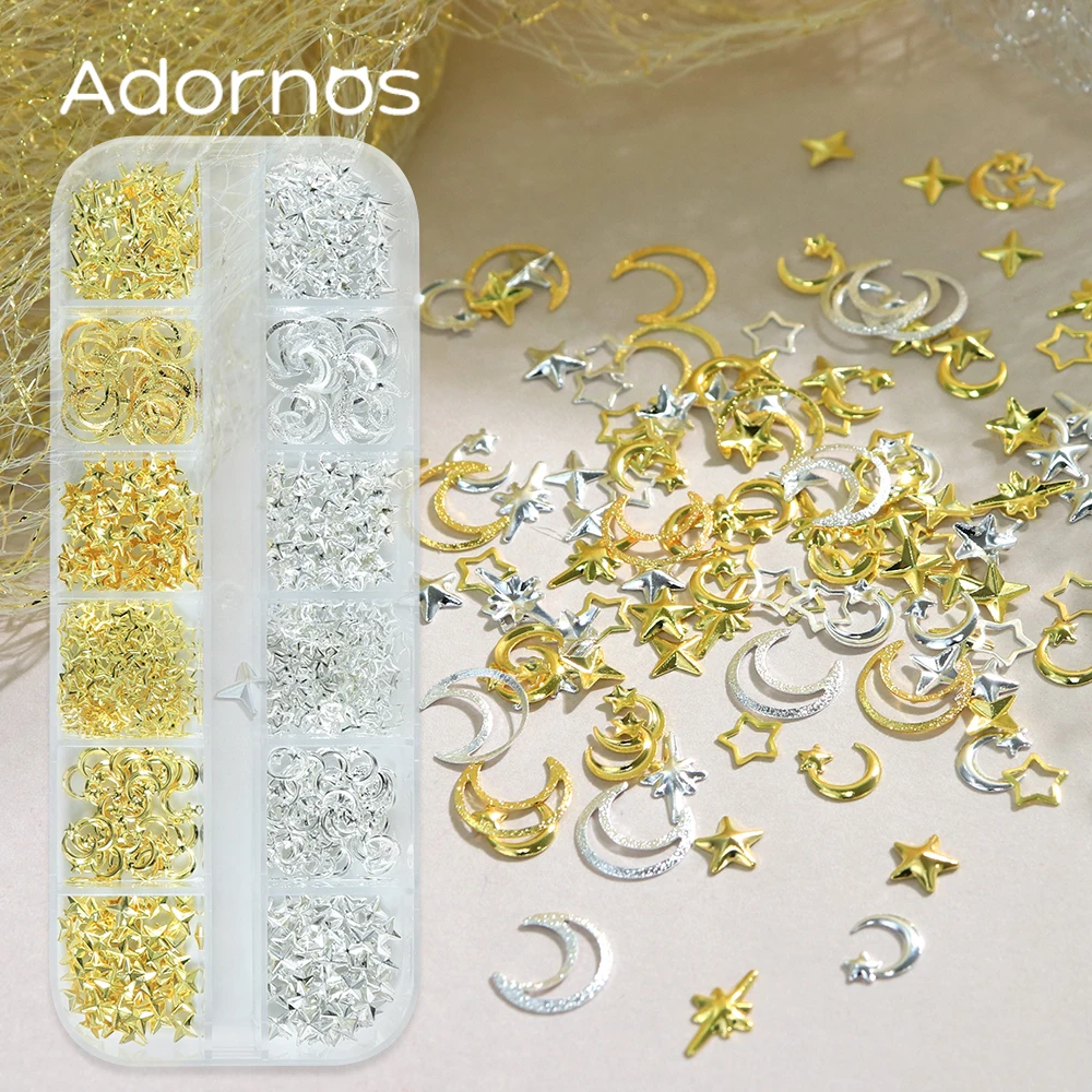Estrellas doradas y plateadas, Luna, remaches metálicos, accesorios DIY, estrella hueca, Luna, purpurina, decoraciones artísticas para uñas, diseño de dijes de uñas 3D