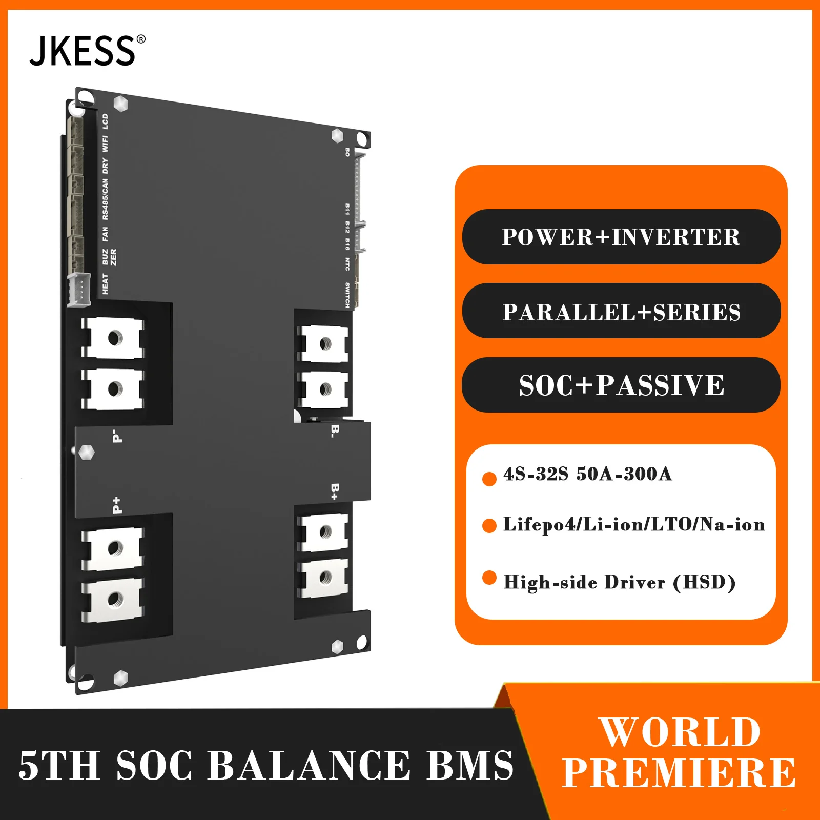 

JKESS Soc Balance BMS 4S 8S 16S 24S 32S 50A 100A 150A 200A 300A 12V 24V Lifepo4 LTO Li-ion BMS Parallel Series RS485 HEAT CAN