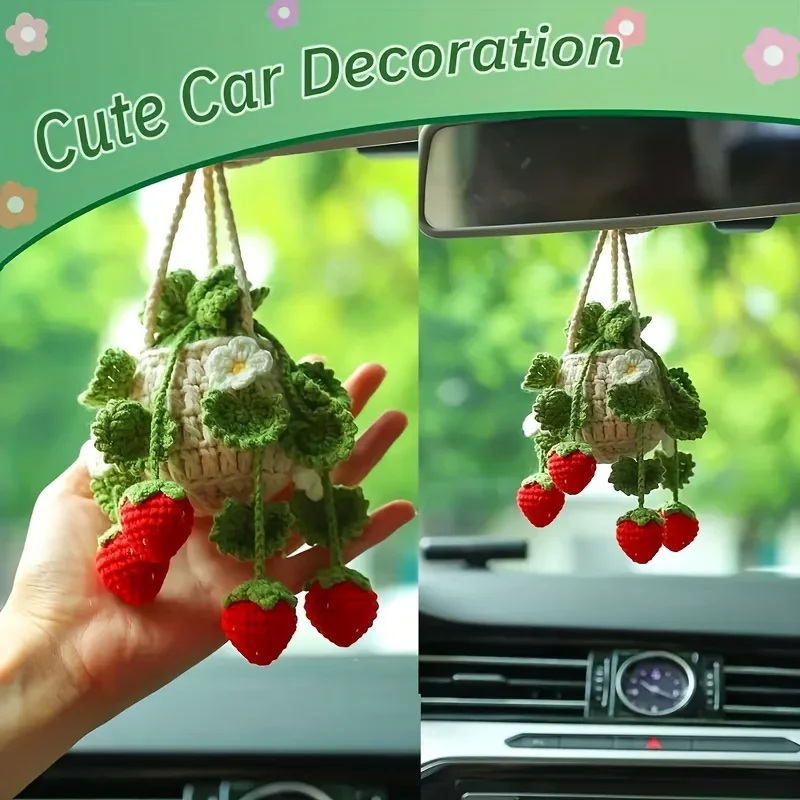 1pc Hand-woven car pendant, wool thread hanging ornament on orchid pot, creative rearview mirror accessory.