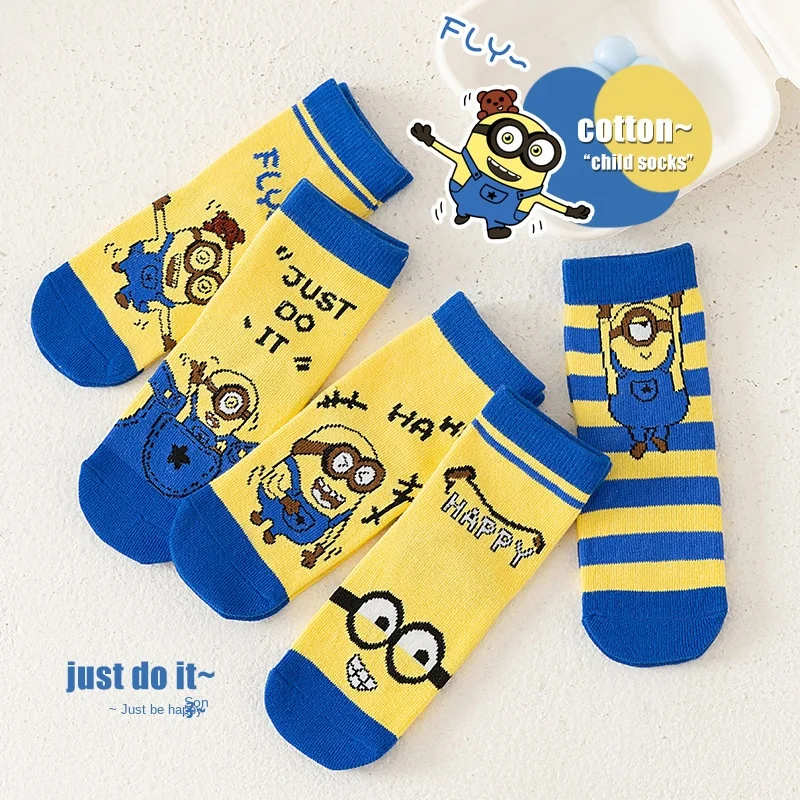 5 Pairs Minions Cotton Kids Anti-Slip Boat Socks Floor Anime Cartoon Comfort Warm Casual Baby Boys Girls Socks for 1-12Years