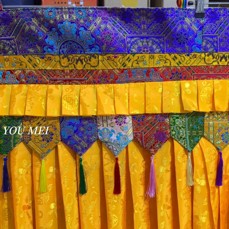Buddhist Hall Arrangement Hanging Decoration,Tibetan-Style Yellow Satin Table Skirt Curtain,Prayer Flag Hanging Banner Curtain view 3