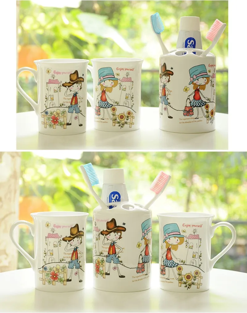 3pcs set, real bone china bathroom set, toothbrush holder & morning mug, cup for brush, kit bathroom, bathroom accessories gift