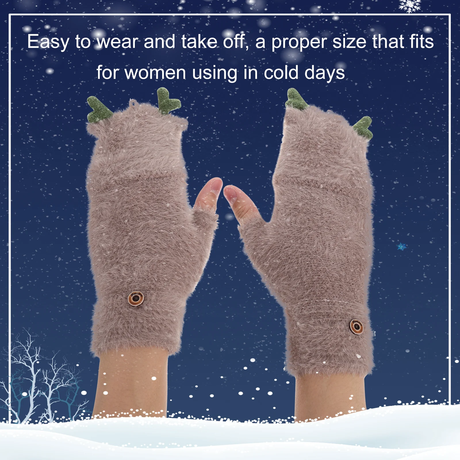 1 زوج دافئ صوف مبطن الغزلان القرن قفازات للنساء عيد الميلاد قرن الوعل نمط نصف اصبع القفاز الشتاء في الهواء الطلق الكرتون #1