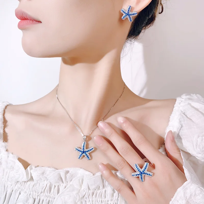 4pcs Elegant Vintage Jewelry Set for Women Sapphire Starfish Necklace Shiny Crystal Choker Bridal Wedding Earrings Party