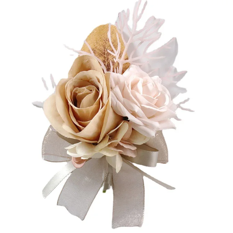 Flores artificiales para fiesta de boda, ramillete de Boutonniere para novio, pulsera de dama de honor, broche de flores rosas, estilo de otoño