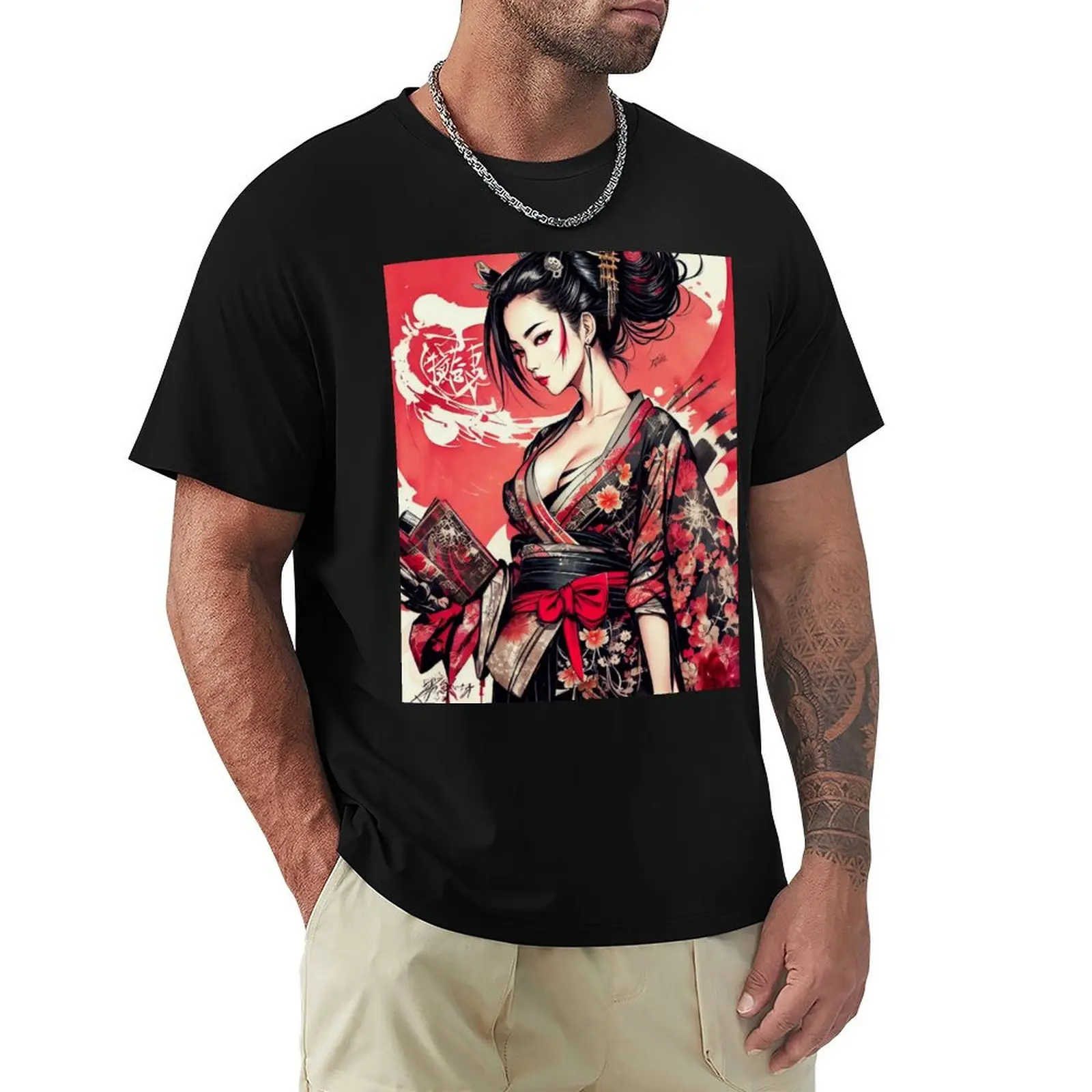 Beautiful Geisha in Red and Black Japanese Dress T-Shirt Cool Feeling Summer Tee Shirt