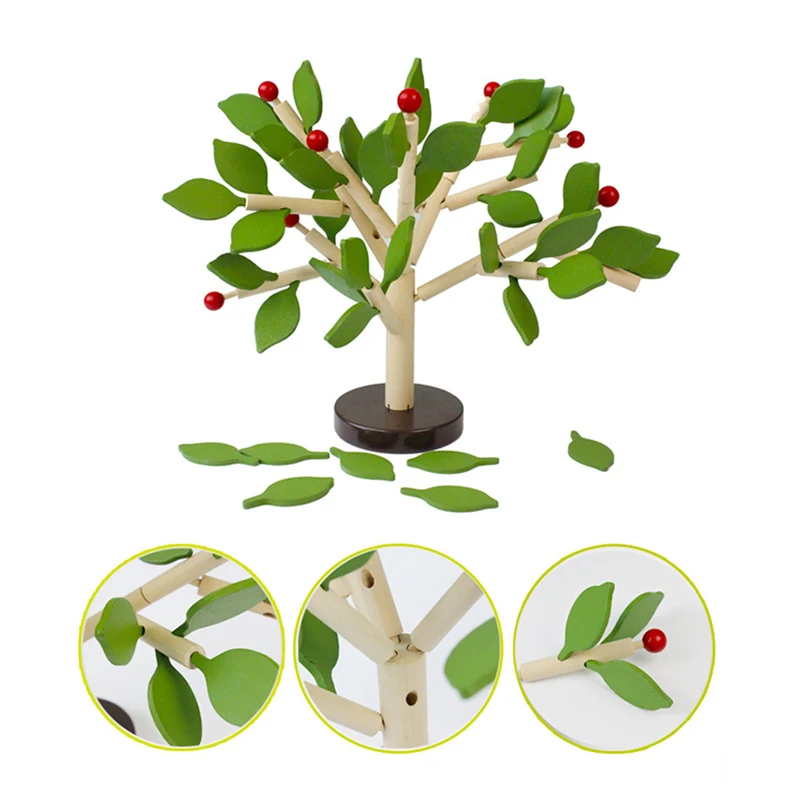 Montessori Building Block Toys For Kids Wooden Assembled Tree Wood Green Leaves Building Block Babay Educational Childrentoy