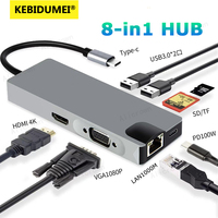 8IN-1 Type C HUB USB 3.0 to RJ45 100/1000Mbps 4K 30HZ Docking Station HDMI Ethernet Adapter VGA SD/TF Extender PD 87W For Laptop