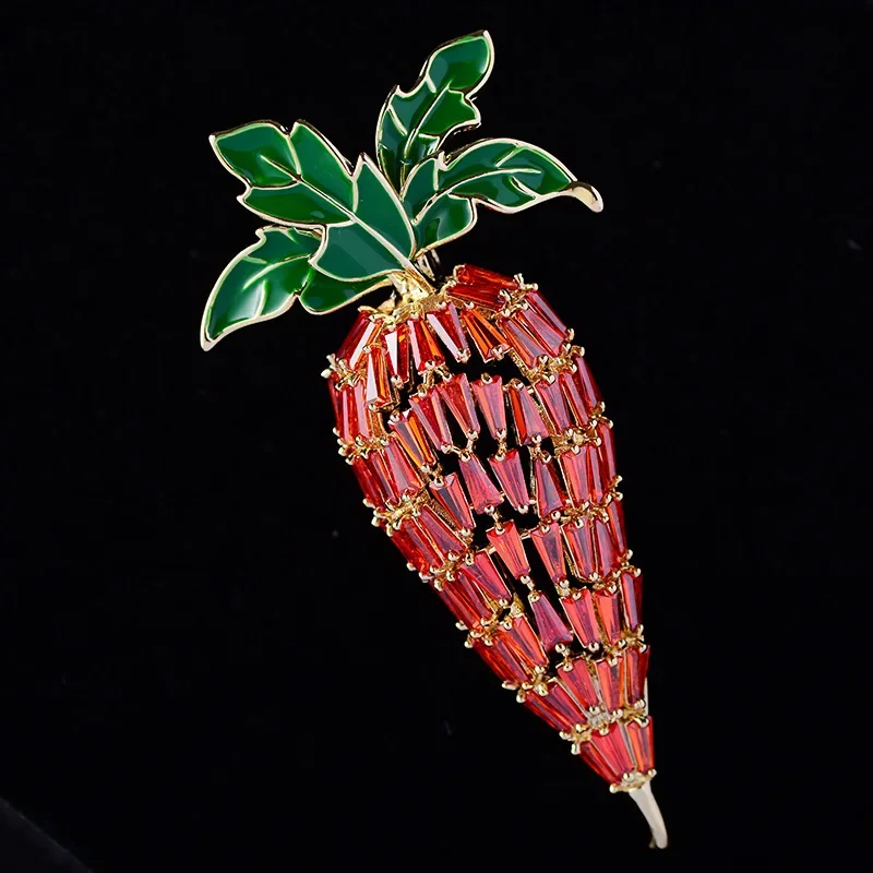 Blucome Red Cubic Zircon Carrot Brooch Hijab Pins Gold Color Enamel Vegetables Plant Clothes Decoration Brooches Corsage