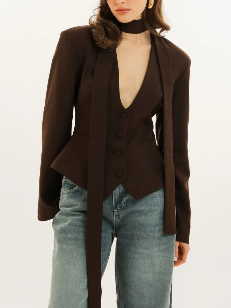 

European American Women's Clothing New Fashion Solid Color V-neck Scarf Decoration Long-sleeved Casual Small Suit Jacket Top