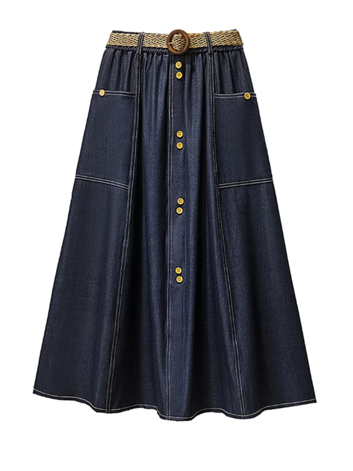 Große Größe Sommer Hohe Taille Weiche Denim Rock Frauen Eis Seide Atmungsaktive Taste Röcke Lose Vielseitig A-linie Regenschirm Rock