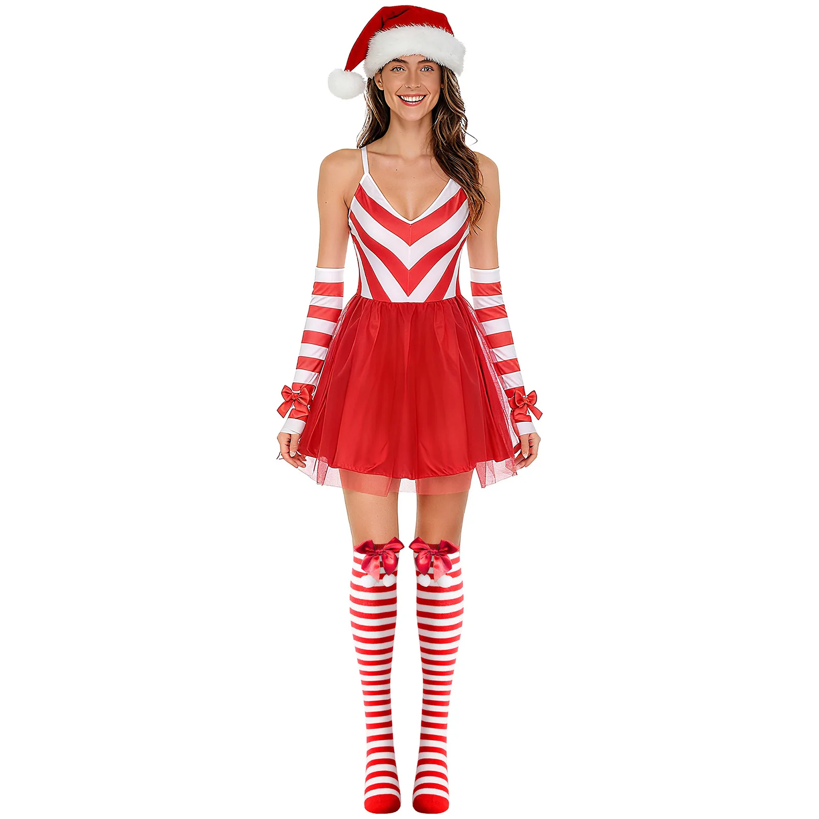 المرأة عيد الميلاد الزنجبيل رجل الزي الخامس الرقبة قابل للتعديل الكتف الأشرطة مخطط صد فستان عيد الميلاد مع القوس قفازات قبعة والجوارب #3