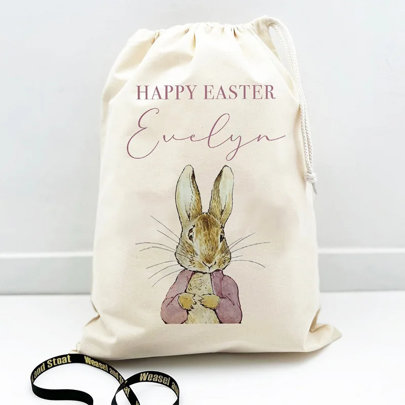 Personalised Custom Easter Bunny Treat Bag Rabbit Happy Easter Party Decoration Egg Hunt Basket Children Kid Boy Girl Gift Sack