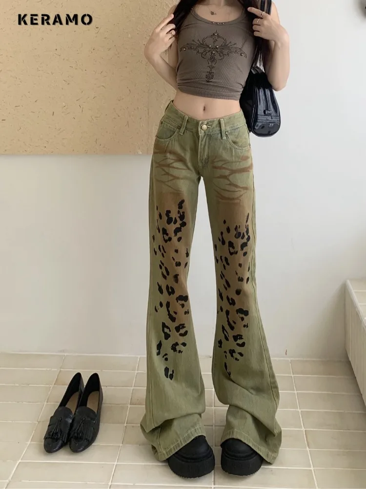 Harajuku Sheath High Waist Flared Jeans 2024 Summer Female Retro Y2K Pants Women's Vintage Slim Fit Printting Denim Trouser