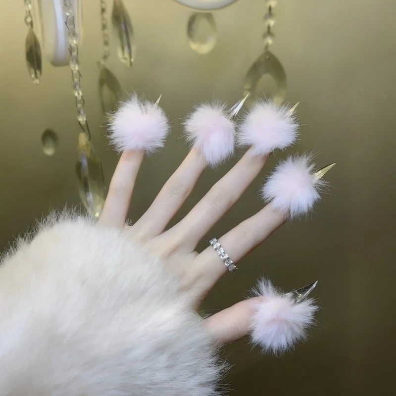Handmade Long Cat Claw Press on Nails, Fluffy Pom Pom Dragon Paw False Nail, Soft Comfortable White Showing Nail Art for Girls