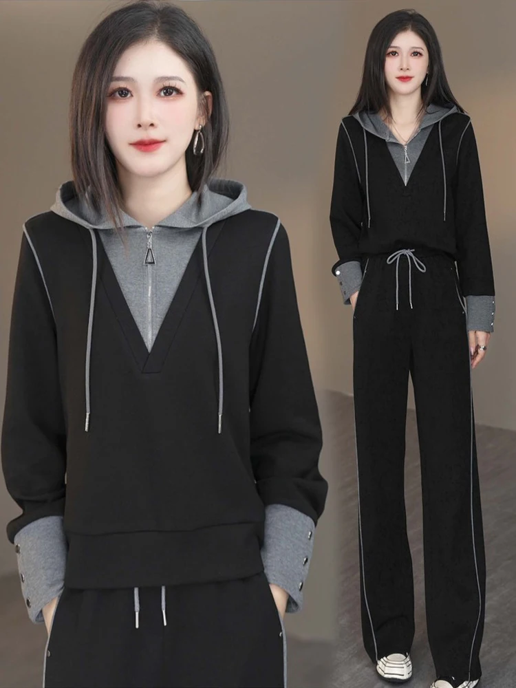 

Модный повседневный женский комплект 2025: осенний новый стиль, стройнящий силуэт, иллюзия стройности, длинный рукав, широкие брюки, спортивный костюм-двойка