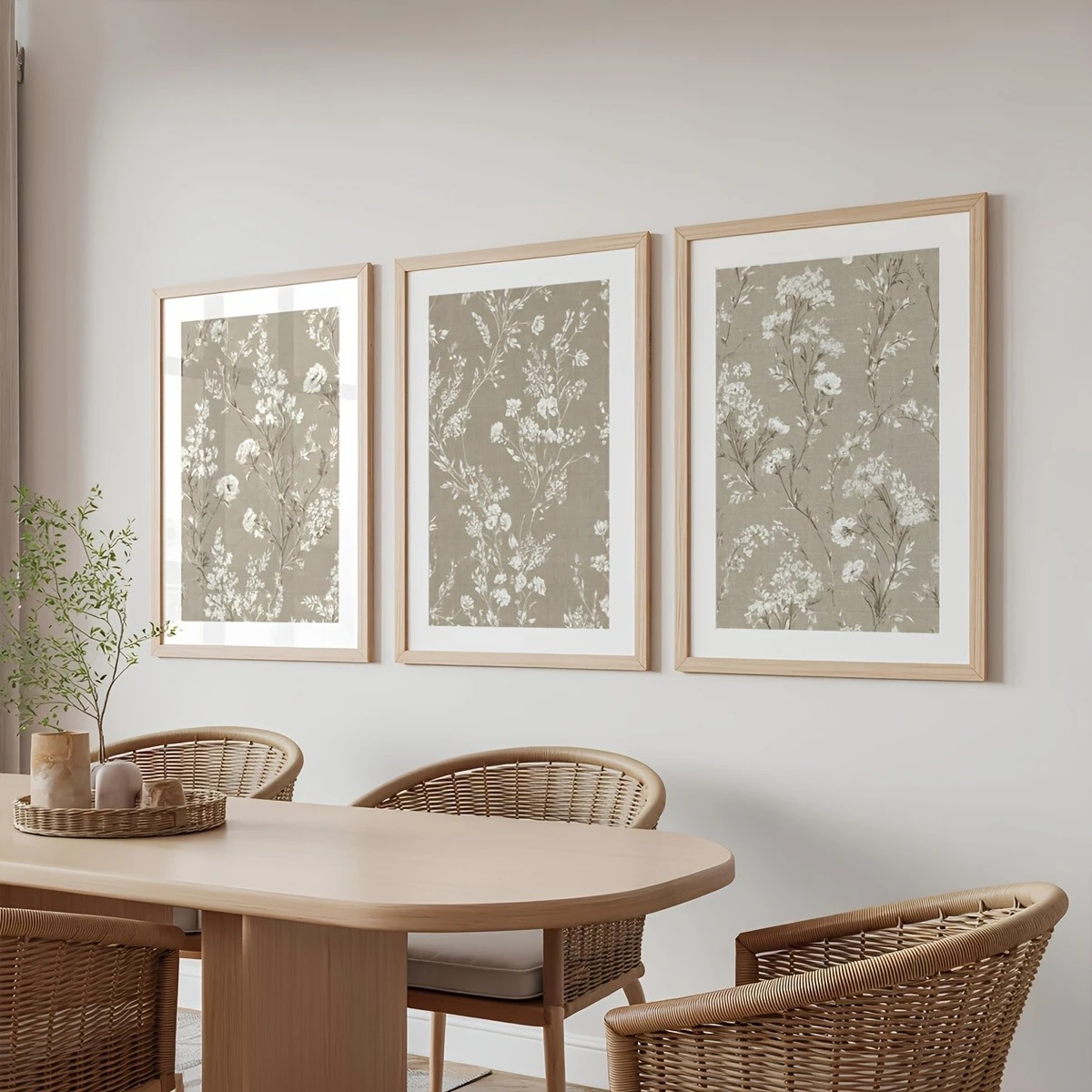 3pcs frameless Canvas Painting Set of 3 Plant-Themed Wall Decorations in Neutral Beige Prints Featuring Soft Tones and Vintage B