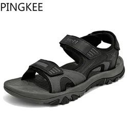 PINGKEE Men Summer Leather Mesh Fabric Lining Rubber Lug Sole Wading Beach Trail Padded Collar Tongue Hiking Sandals Men Shoes