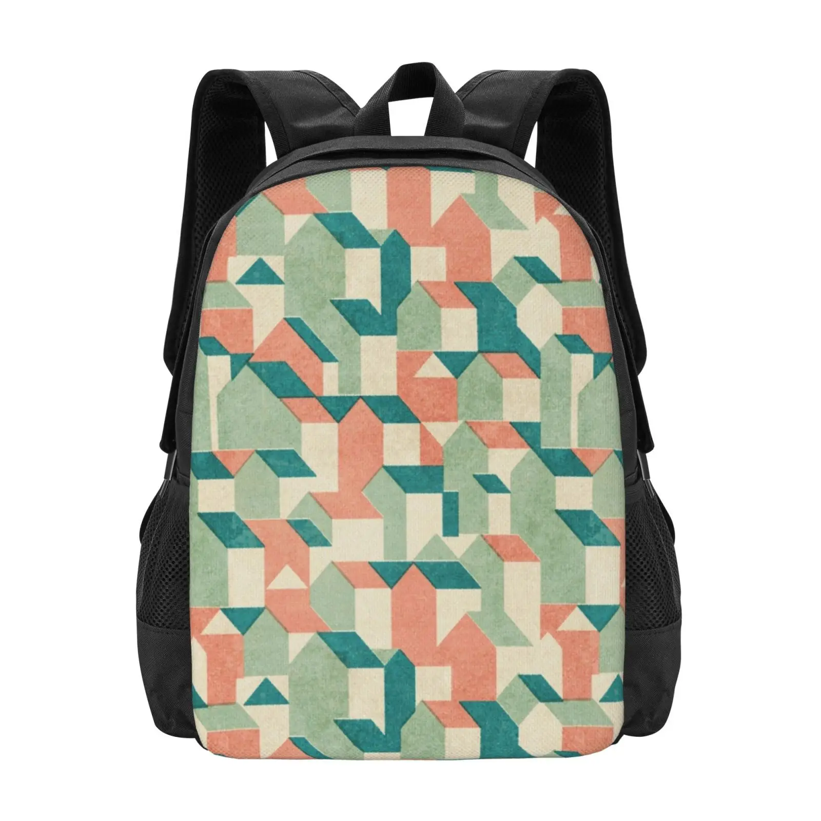 Little House Pattern (Set 02) Hot Sale Schoolbag Backpack Fashion Bags Houses Town Building Geometric Block Abstract Pink Green