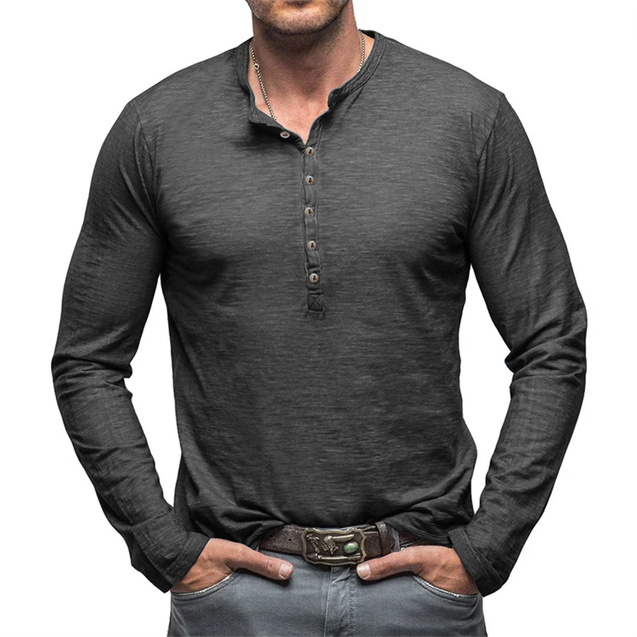 2024 New Men\'s 100% Cotton Henley T-Shirt Long Sleeve Shirt Basic Retro Casual T Shirts Button Washed Worn V-neck Men Clothing