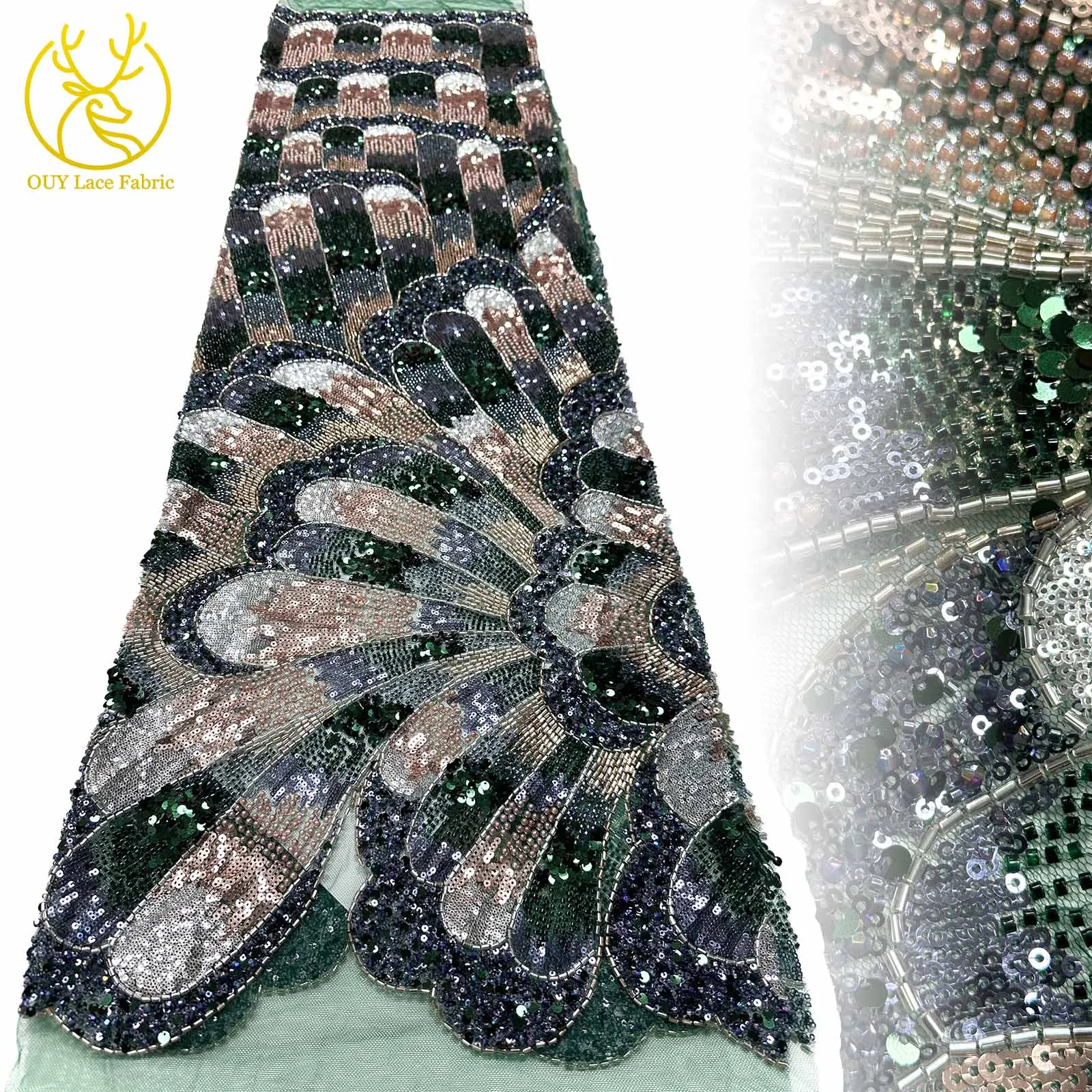 

Роскошная кружевная ткань с зеленым изумрудом и блестками, расшитая бисером, 2022, французская нигерийская сетчатая кружевная ткань для женских вечерних платьев, швейный материал