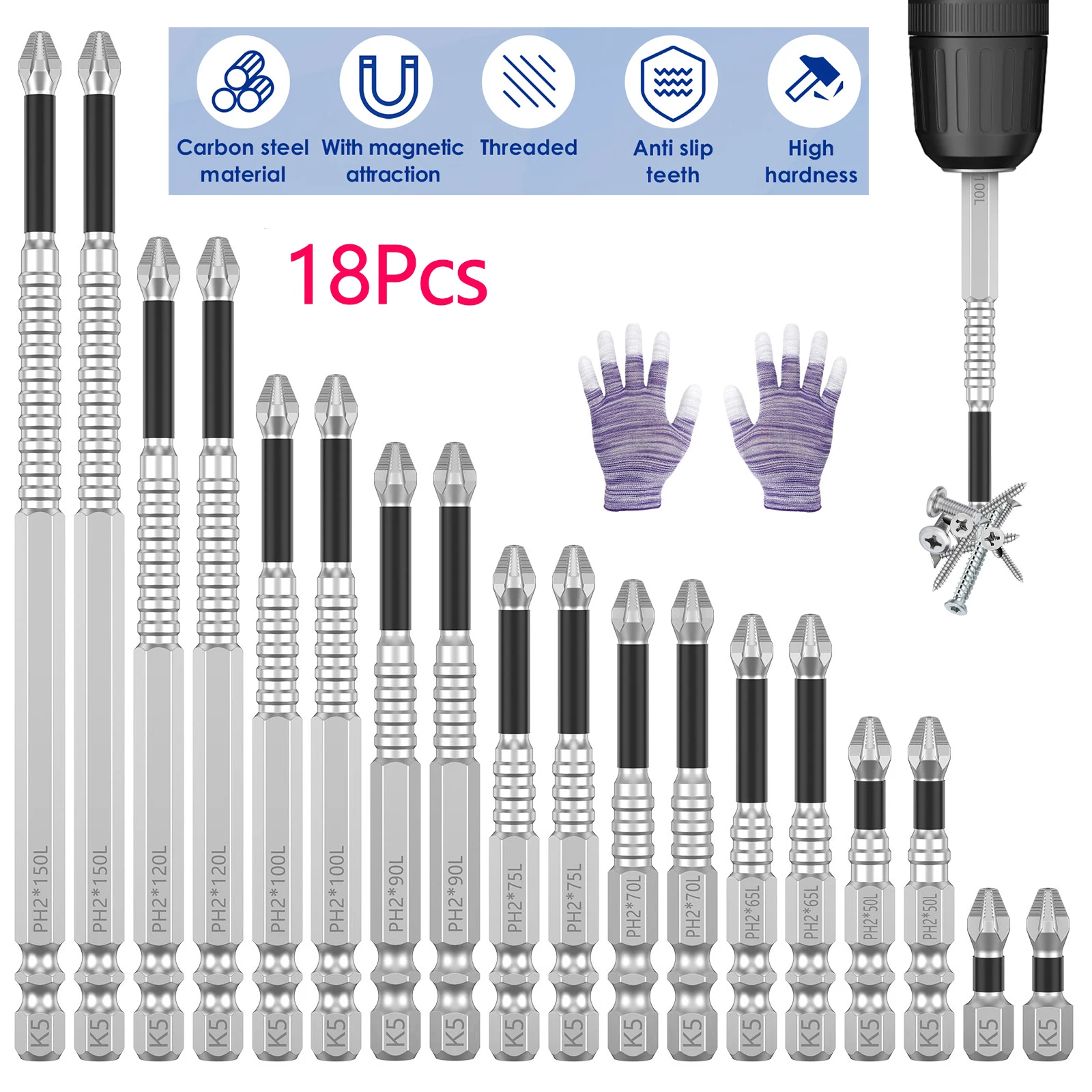 

18 шт., набор магнитных отверток, набор сверл из углеродистой стали, 1/4 дюйма, шестигранный хвостовик, нескользящие ударные отвертки, насадки для электрической отвертки