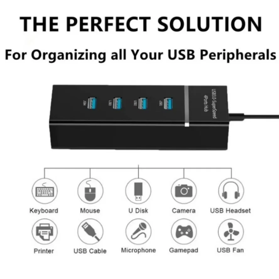 LccKaa 4Port USB 3.0 Hub Data Transmission High Speed Multi USB Splitter Adapter Expander for PC Xiaomi Computer Accessories