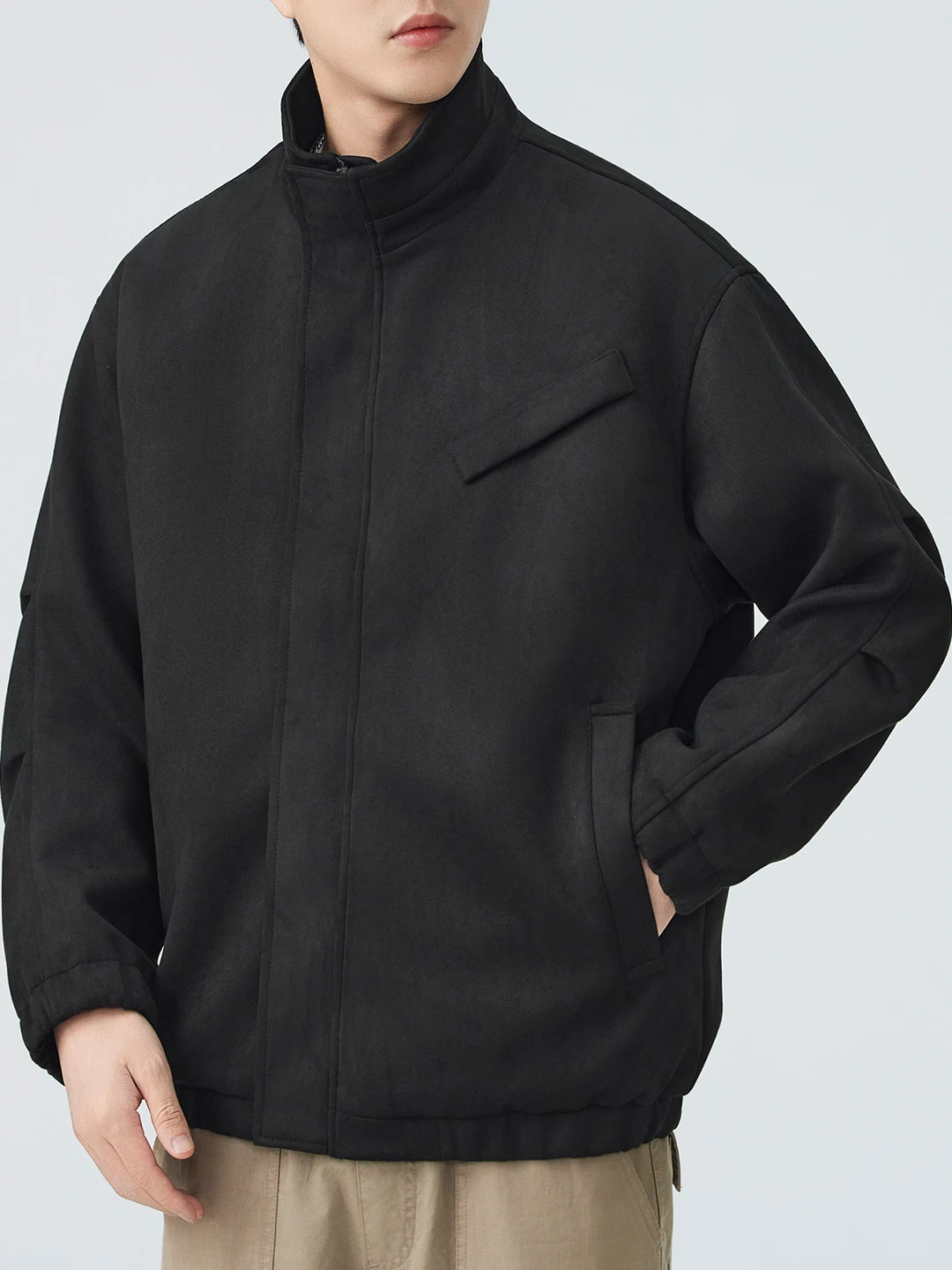 

EOOY Мужская замшевая куртка с воротником-стойкой, свободная повседневная верхняя одежда в американском стиле ретро, ветрозащитная длинная застежка-молния