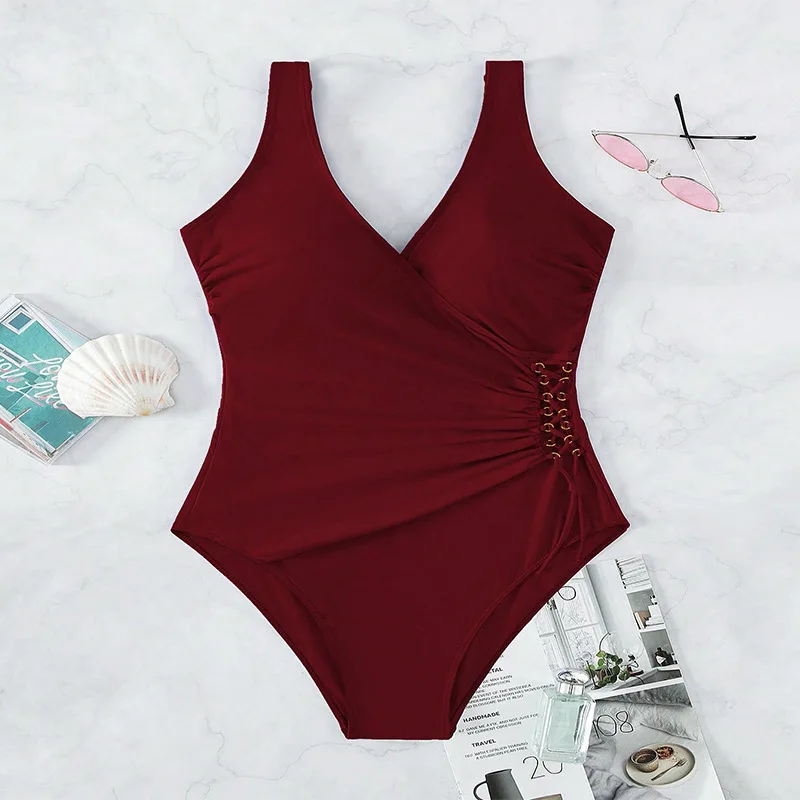 Sexy vinho vermelho cruz maiôs uma peça bandagem cordão gravata biquínis roupa de banho bodysuits feminino biquini fatos de banho tankini