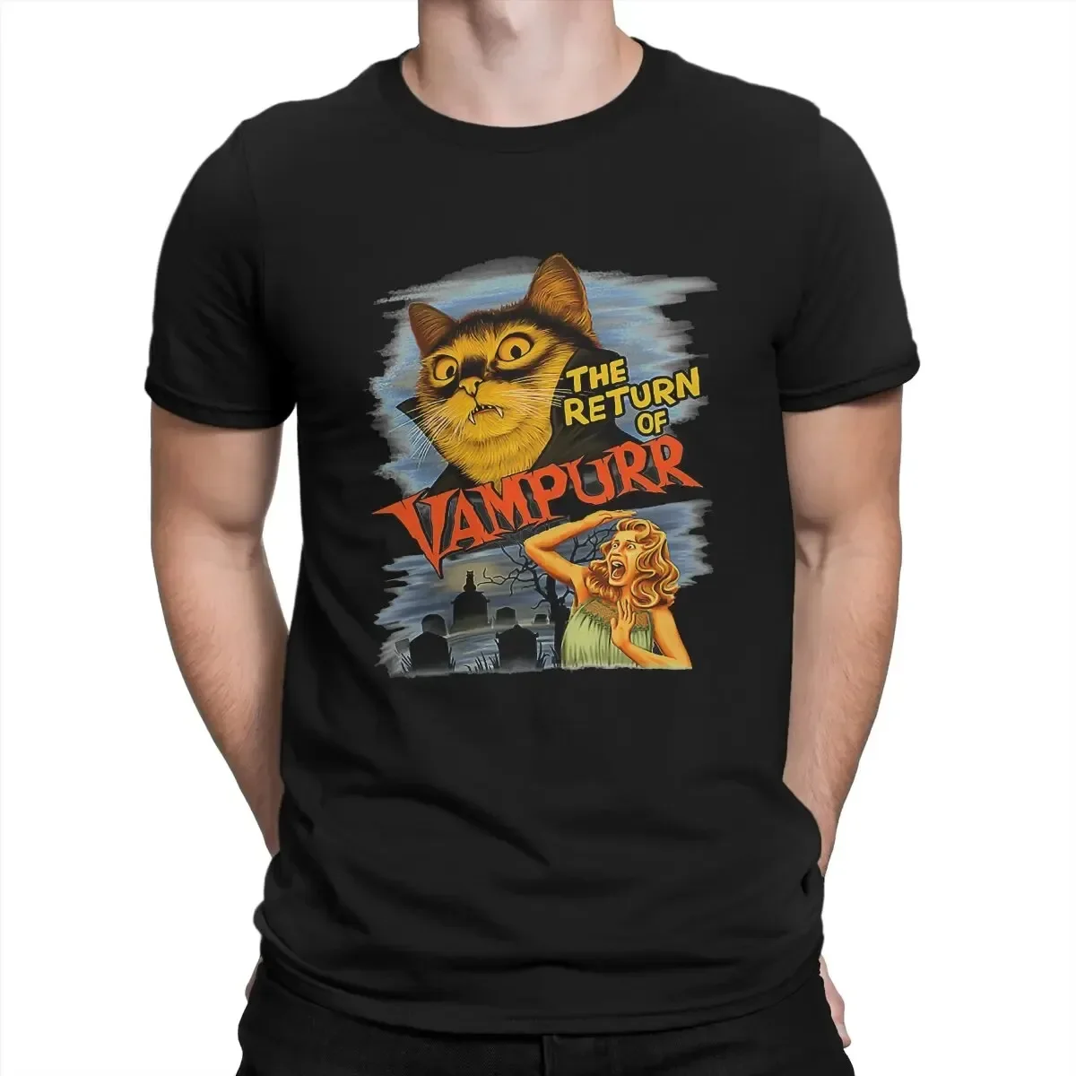 2024  Summer Cat Vampire Men's T Shirts Cat The Return of Vampurr Funny Tees Short Sleeve Round Collar T-Shirt Cotton Tops