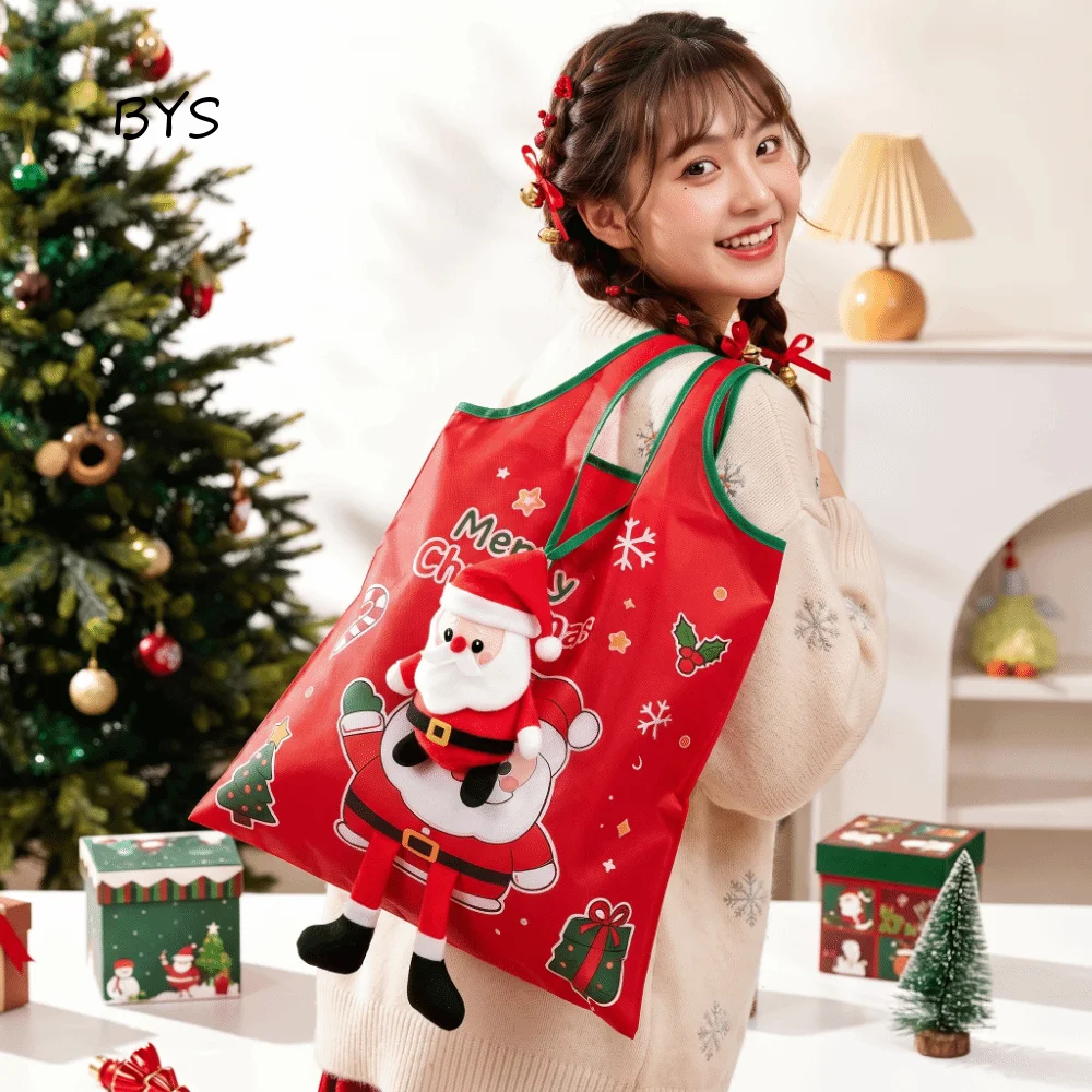Colorful Christmas Grocery Tote Mini Space-Saving Cartoon Pocket Handbag Ultra-Lightweight Tear-Resistant Foldable Shopping Bag