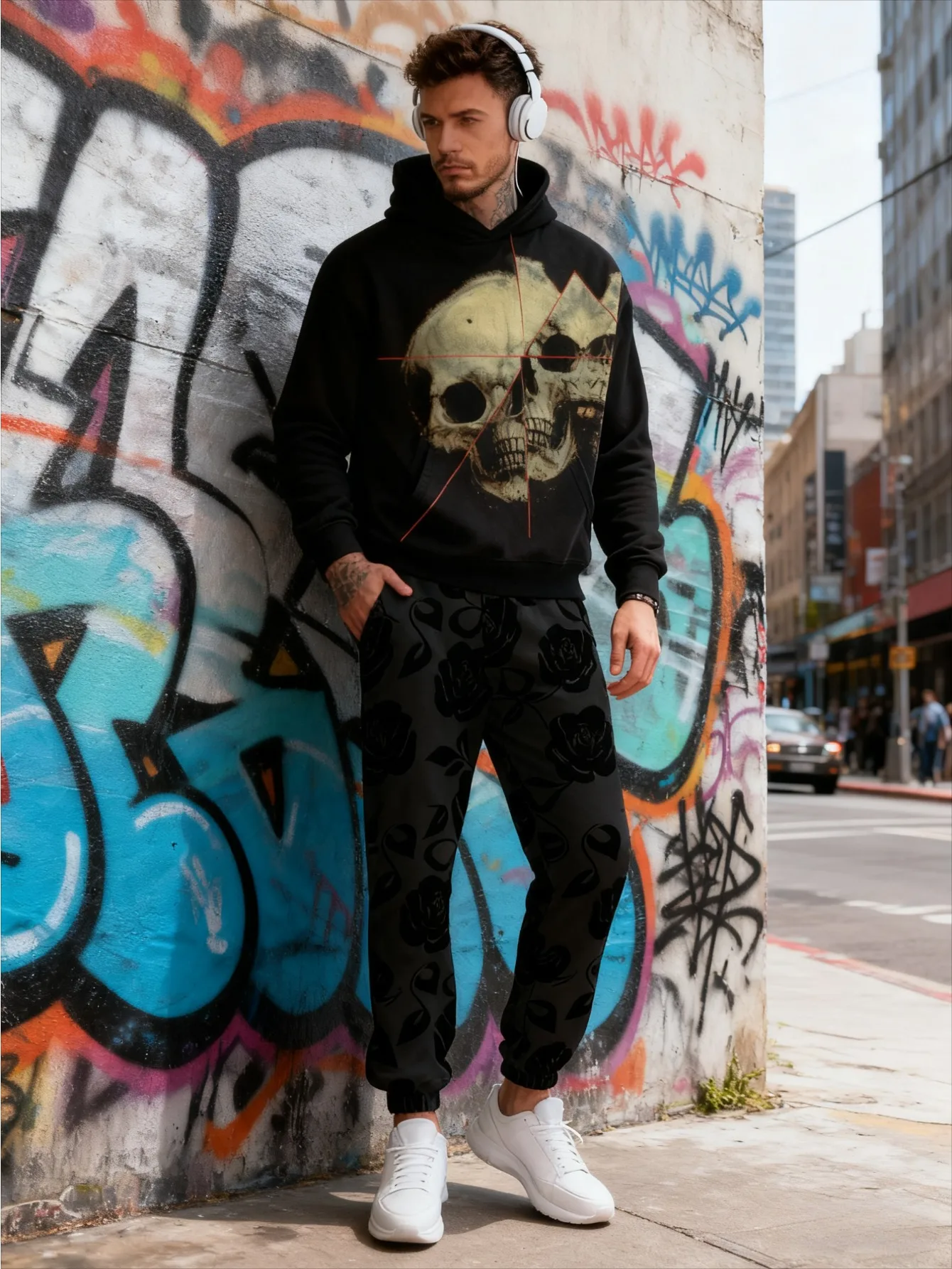 طقم بغطاء للرأس عصري مطبوع رقميًا للرجال مكون من قطعتين