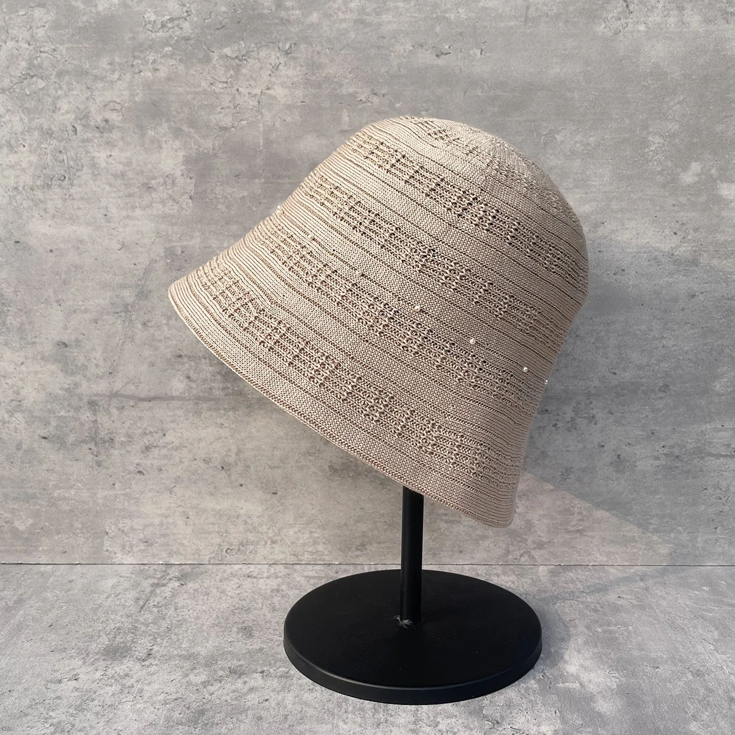 Pearl Decor Striped Hollow Knit Fisherman Hat for Women, Spring Summer Foldable Bucket Sun Cap Slim Face