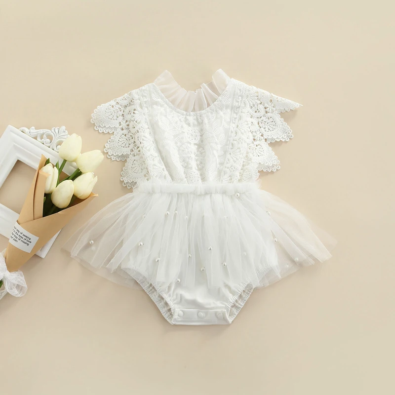 Pearl Baby Girls Princess Romper Plain Floral Lace Embroidery Skirt Layered Snap Triangle-Bottom Jumpsuit Summer Baby Clothing