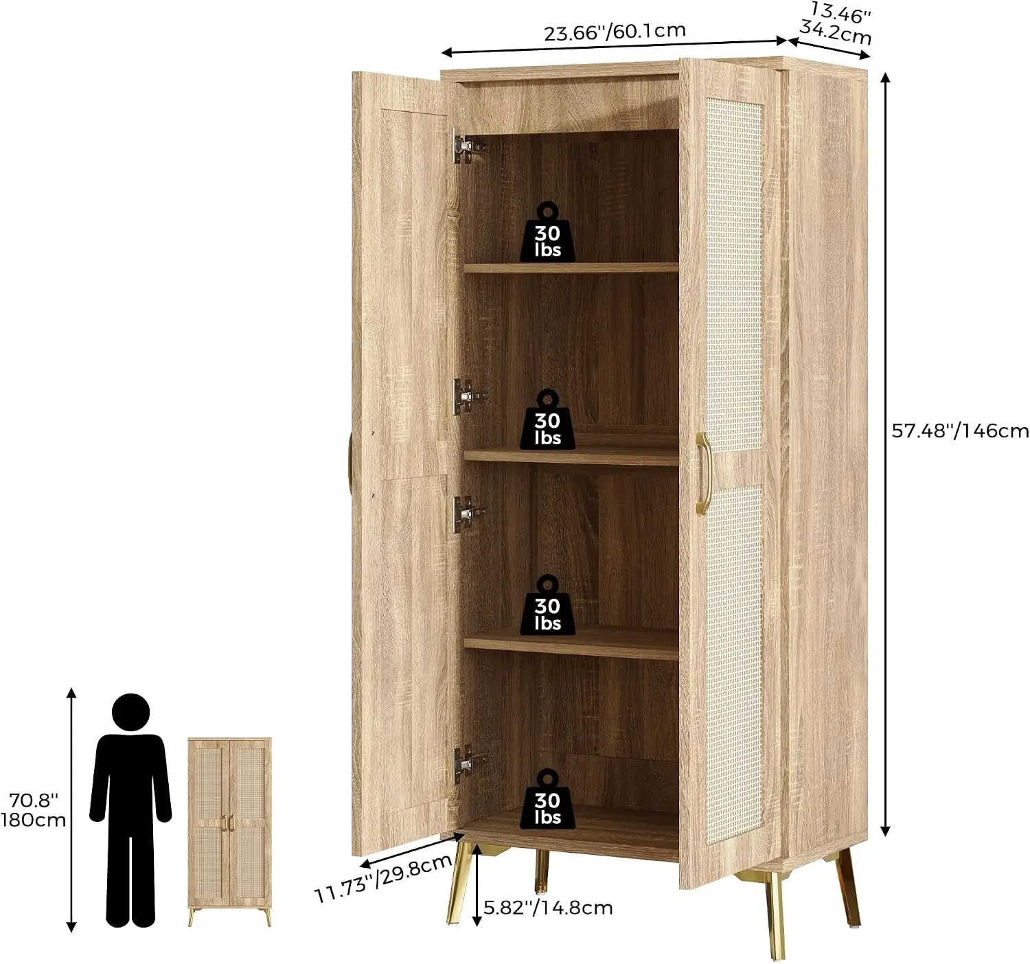Tall Freestanding Bathroom Storage Cabinet Organizer With Natural Rattan Doors And Adjustable Shelves, Narrow Linen Tower Pantry Cupboard For Laundry Room Bedroom, Modern Farmhouse Furniture, Natural Wood